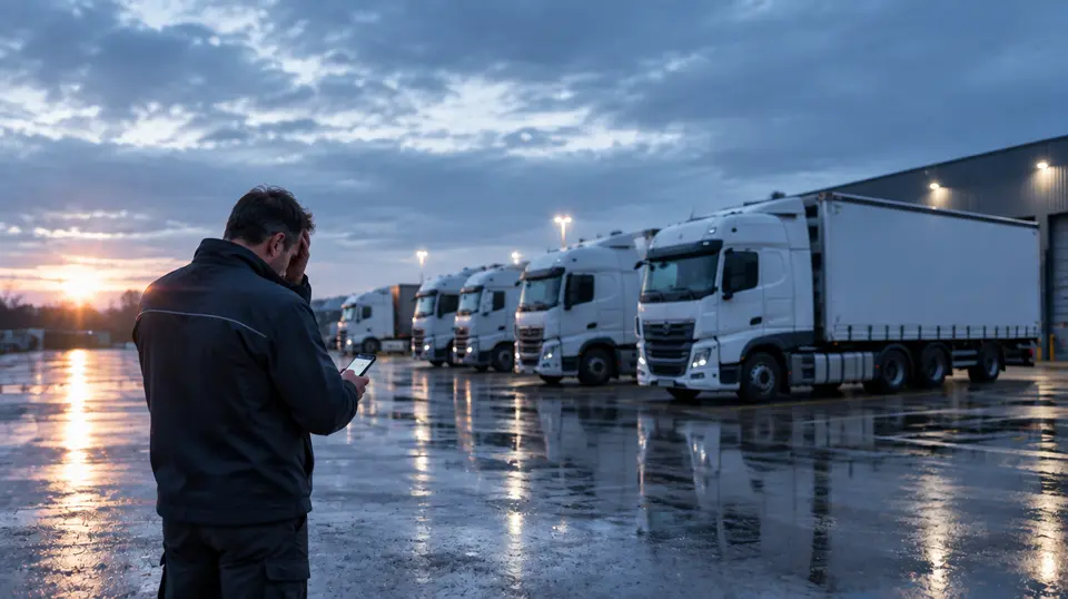 Transport manager checking his phone in front of a row of parked trucks at dawn