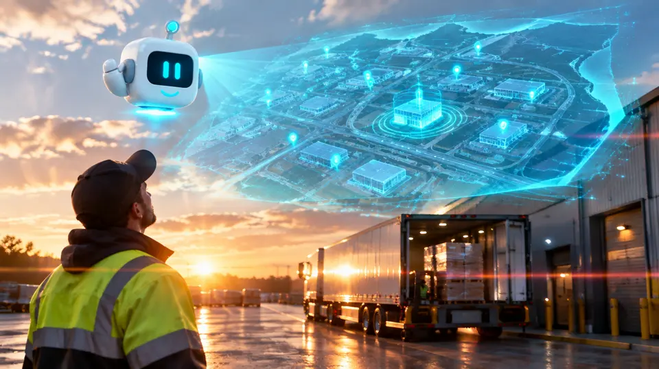 VIC projecting a holographic map of an industrial area with highlighted warehouses