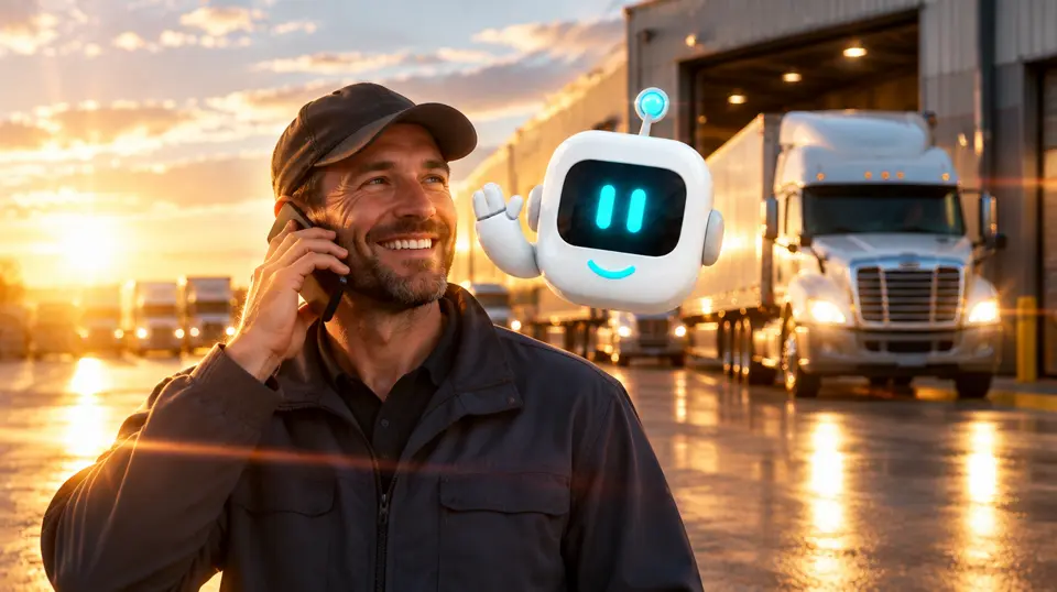 Smiling driver on the phone next to VIC at a loading dock